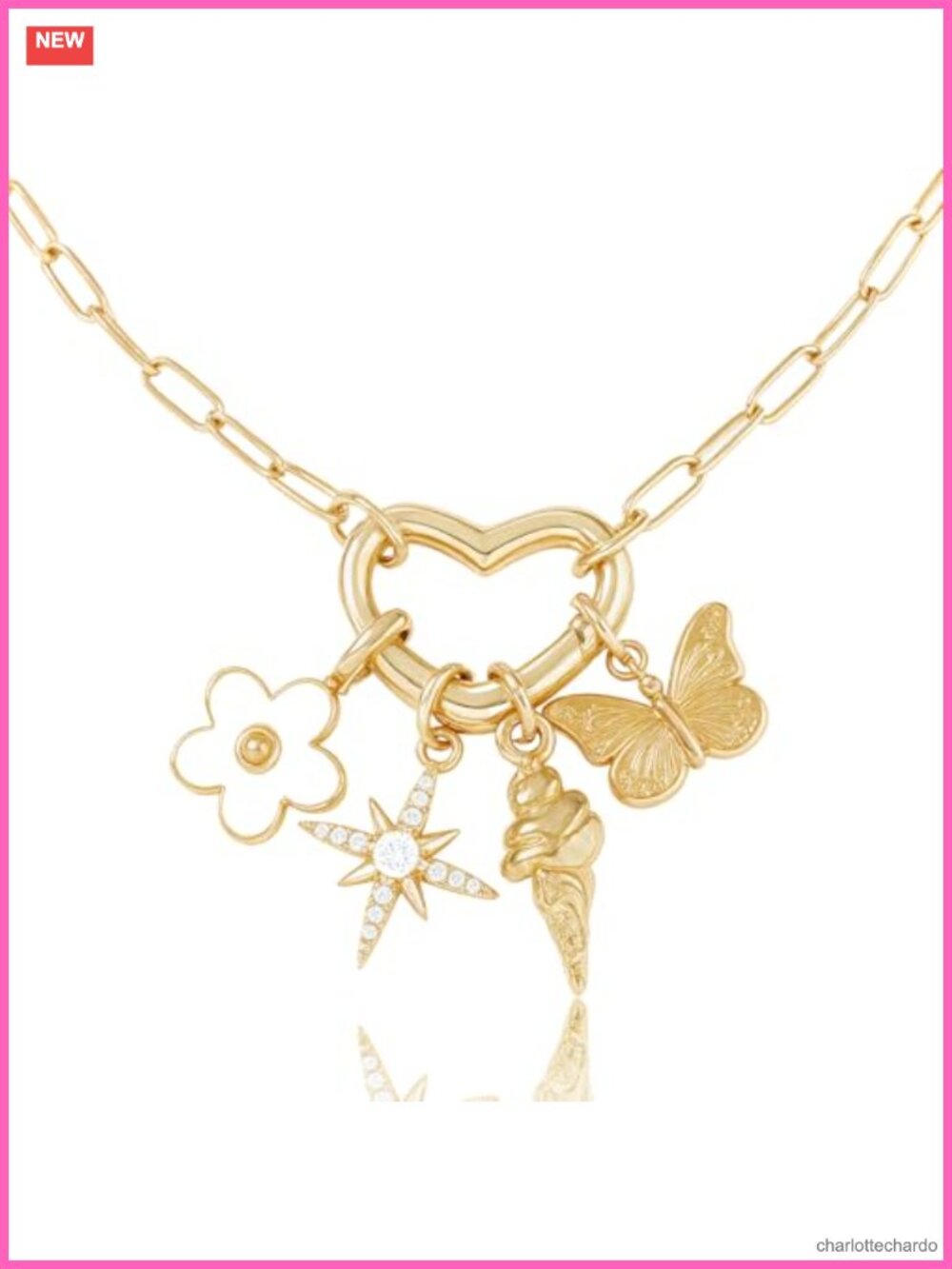 14K Gold Plated Chunky Charm Necklace Paperclip Chain Toggle Clasp Pendant